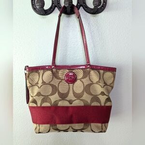 Coach F17433 Signature Tote Khaki/ Red Shoulder Bag Handbag Medium Purse